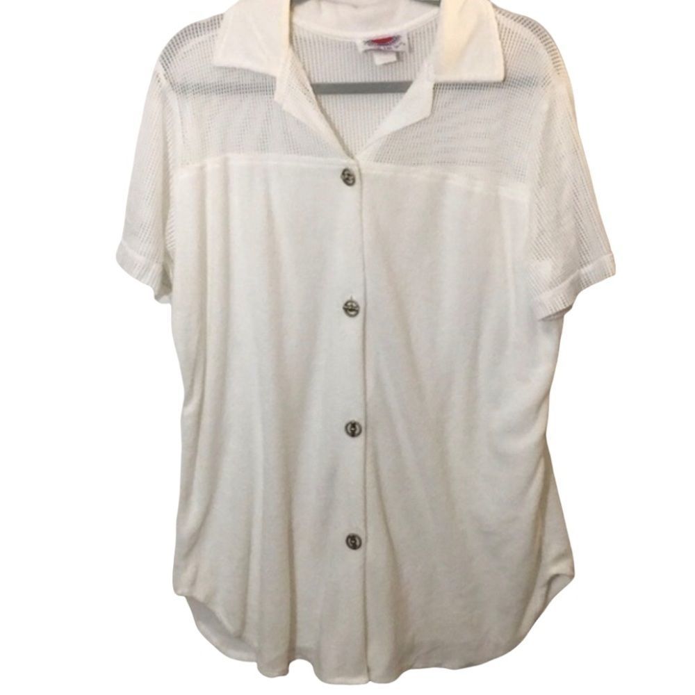 80’s Vintage Terrycloth Beach Coverup W/Sheer Mesh Panels & Nautical Buttons Med